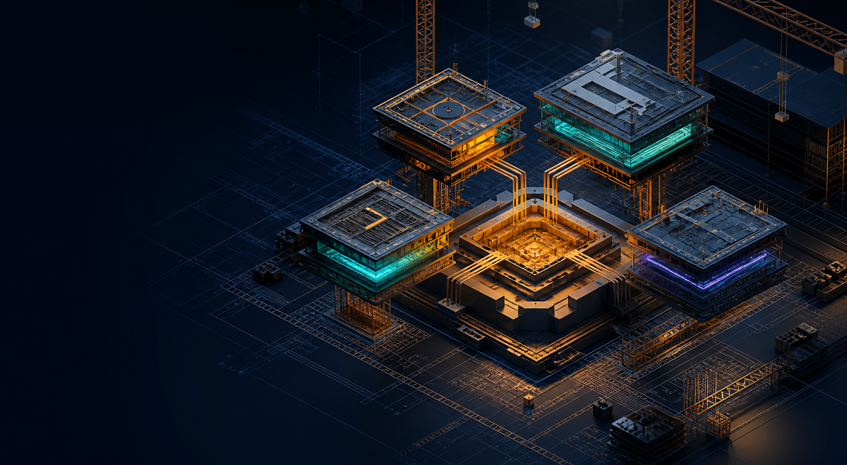 Four digital product structures being built around a shared saffron foundation